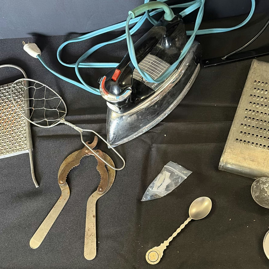 Assorted vintage metal kitchen tools and an electric iron - image 3 of 6