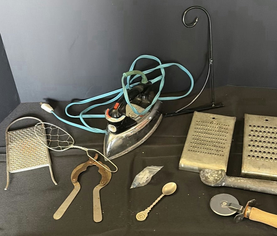Assorted vintage metal kitchen tools and an electric iron - image 1 of 6