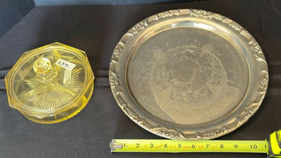 Amber glass candy dish with lid and engraved silver serving plate - Image 1 of 5