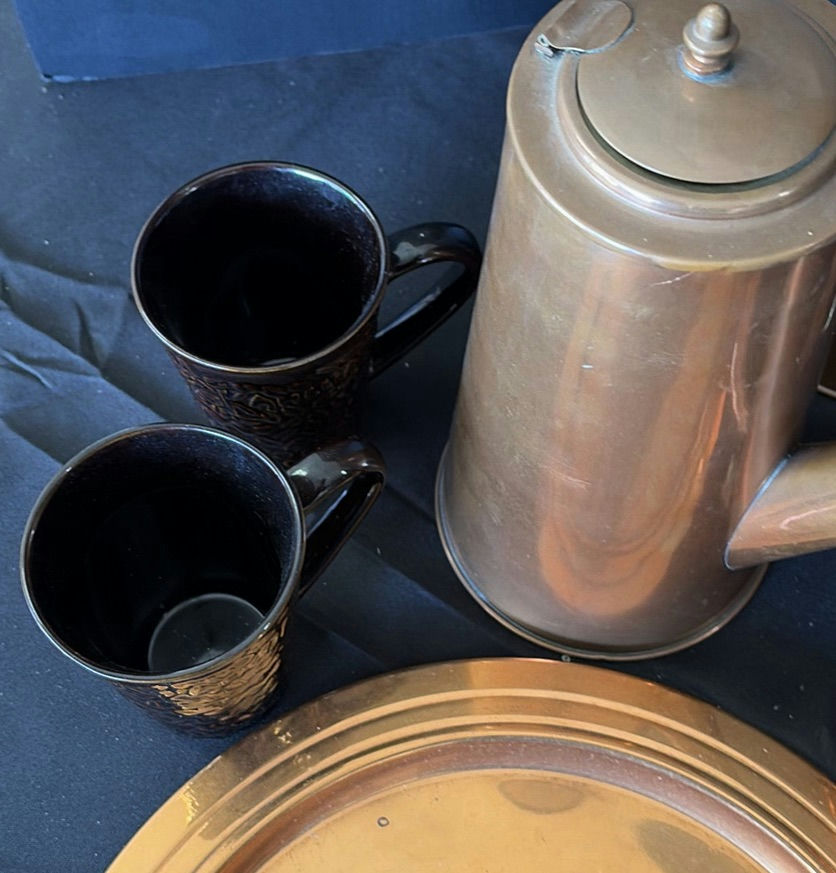 Copper tea set with mugs, tray, and trivet - image 3 of 6