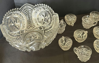 Crystal cut-glass bowl with matching cups and bowls - Image 1 of 5