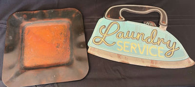 Vintage Laundry Service sign and rusted metal baking pan - Image 1 of 5