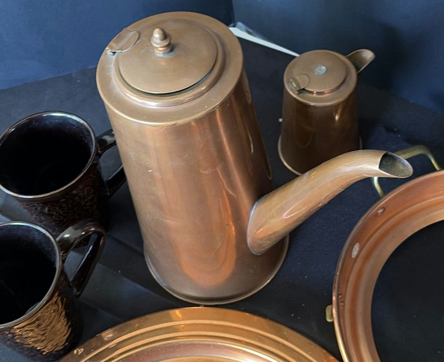 Copper tea set with mugs, tray, and trivet - image 2 of 6