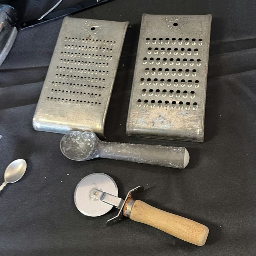 Assorted vintage metal kitchen tools and an electric iron - image 2 of 6