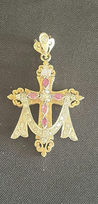 Ornate gold-tone cross pendant with pink stones - Image 1 of 4