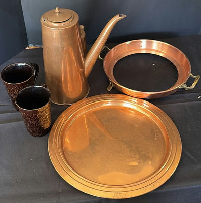 Copper tea set with mugs, tray, and trivet - Image 1 of 6