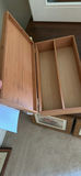 Wooden empty wine box, cream artificial flower arrangement, and glass hurricane candle holder - thumbnail 2 of 4