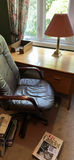 Wooden office desk setup with leather chair, side chair, and 2 small cabinets - thumbnail 2 of 9