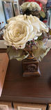 Wooden empty wine box, cream artificial flower arrangement, and glass hurricane candle holder - thumbnail 3 of 4