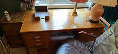 Wooden office desk setup with leather chair, side chair, and 2 small cabinets - Image 1 of 9