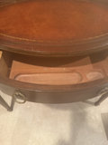 Antique mahogany desk with circular leather-inlaid top and built-in hutch - thumbnail 3 of 8