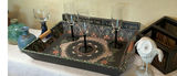 Decorative patterned tray with glassware, vases, bird sculpture and crate - thumbnail 1 of 8