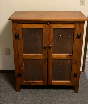Decorative Pine Cabinet, metal panels - Image 1 of 5