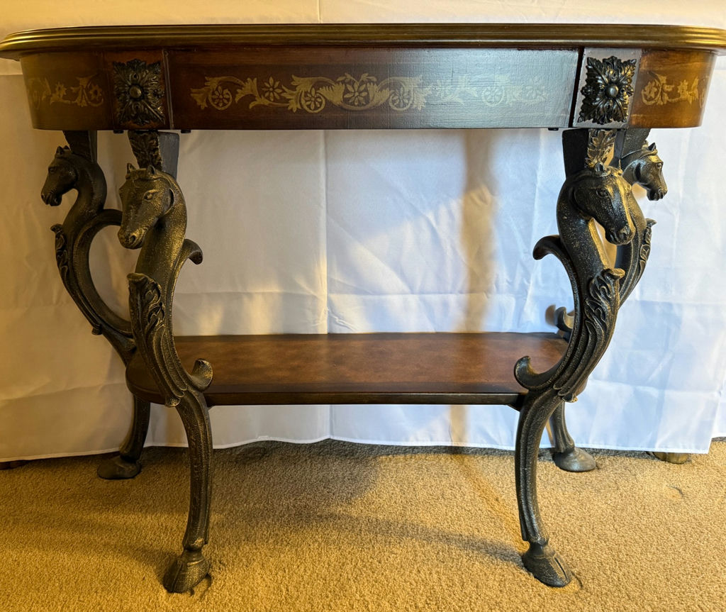 Ornate two-tier console table with horse-head legs - image 2 of 6