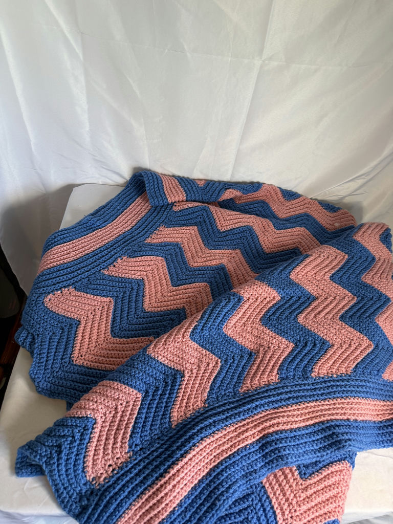 Blue and pink chevron crochet throw, floral bedspread, and decorative pillow - image 2 of 3
