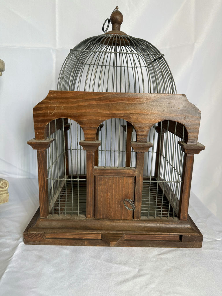 Decorative Wood Bird Cage And Plaster Pedestal - image 2 of 4