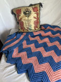 Blue and pink chevron crochet throw, floral bedspread, and decorative pillow - thumbnail 1 of 3