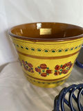 Blue ceramic bakeware set with yellow floral planter and cherry-pattern dishware - thumbnail 2 of 7