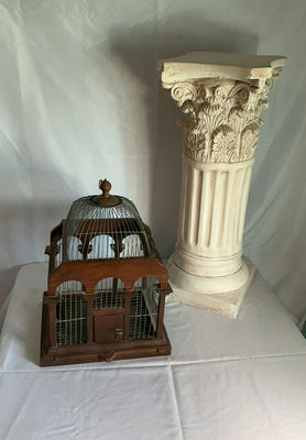 White Column And Wood Birdcage - Image 1 of 5