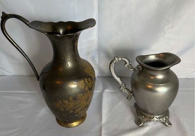 Two decorative metal pitchers with floral motifs - Image 1 of 6