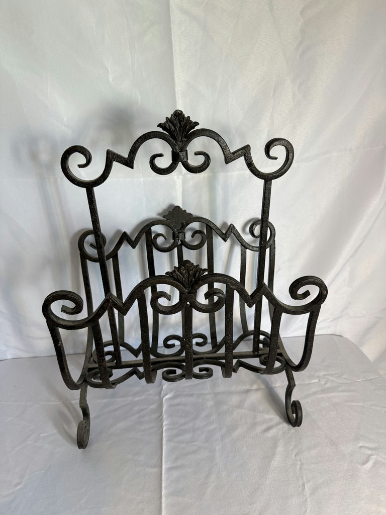 Ornate black iron magazine rack, decorative lampshade, and curved curtain rod - image 2 of 4