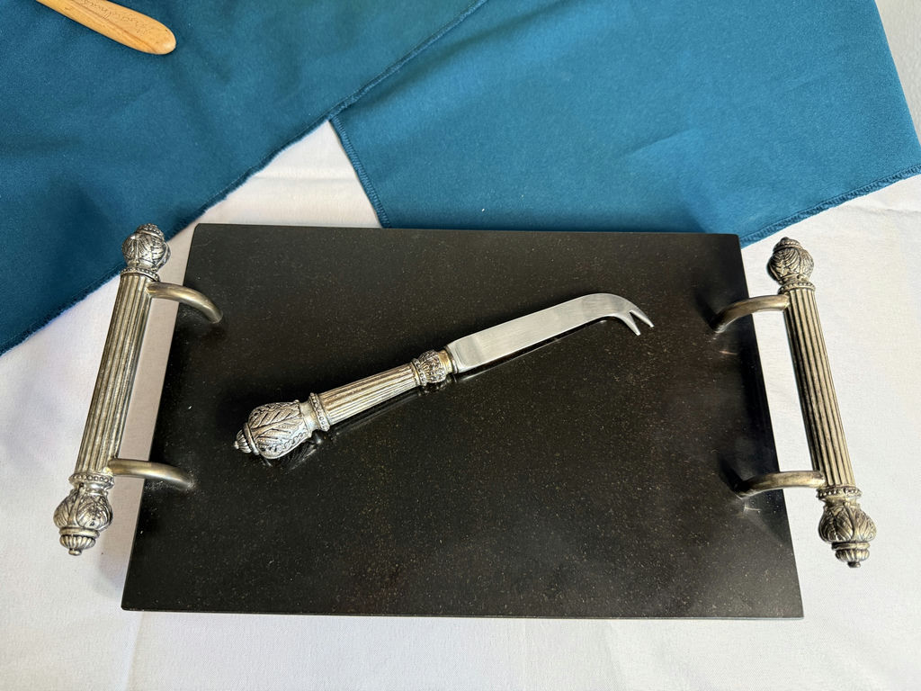 Wooden cutting boards, spoon, and ornate serving tray with cheese knife - image 3 of 3