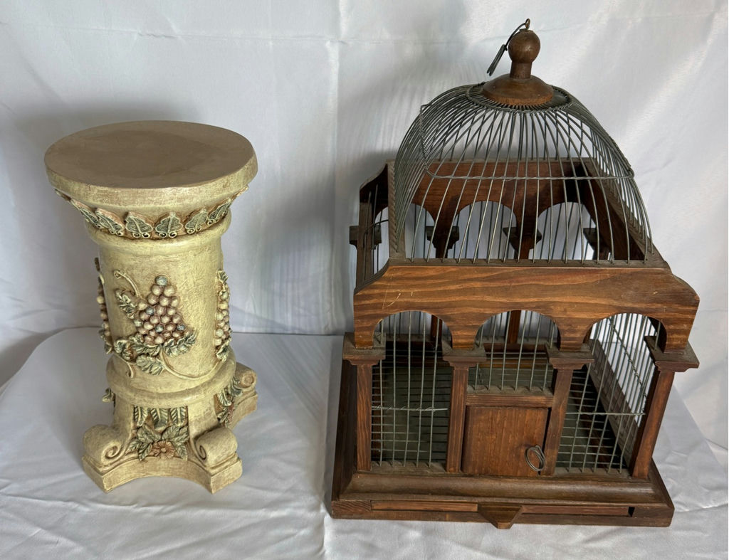 Decorative Wood Bird Cage And Plaster Pedestal - image 1 of 4