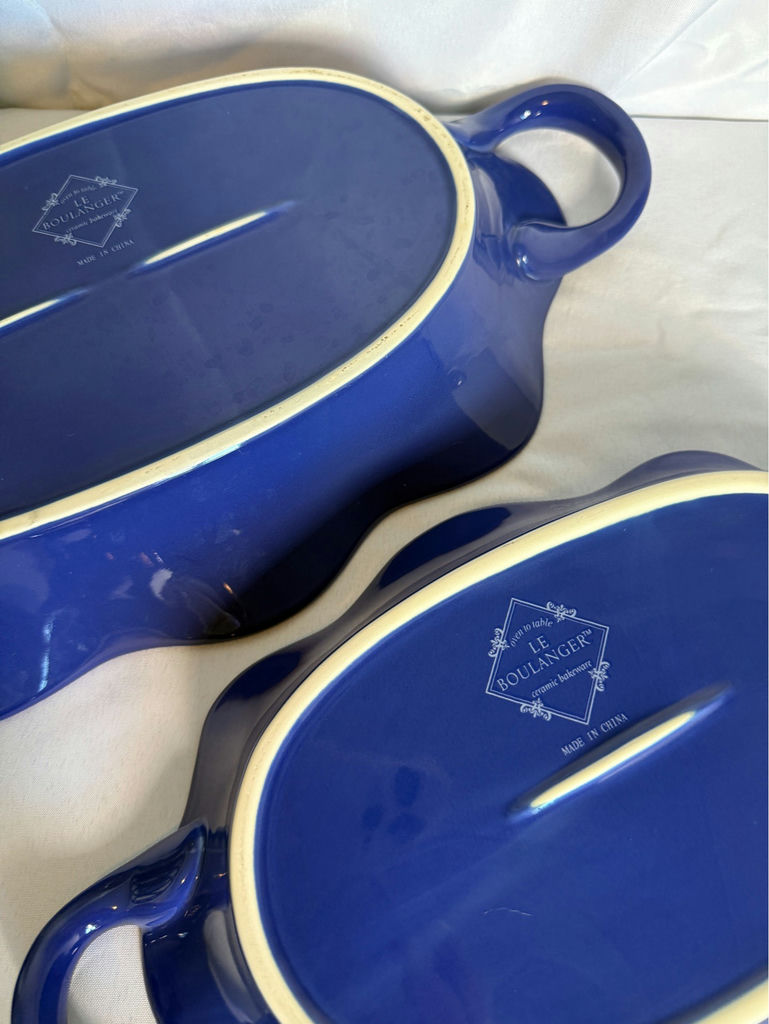 Blue ceramic bakeware set with yellow floral planter and cherry-pattern dishware - image 5 of 7