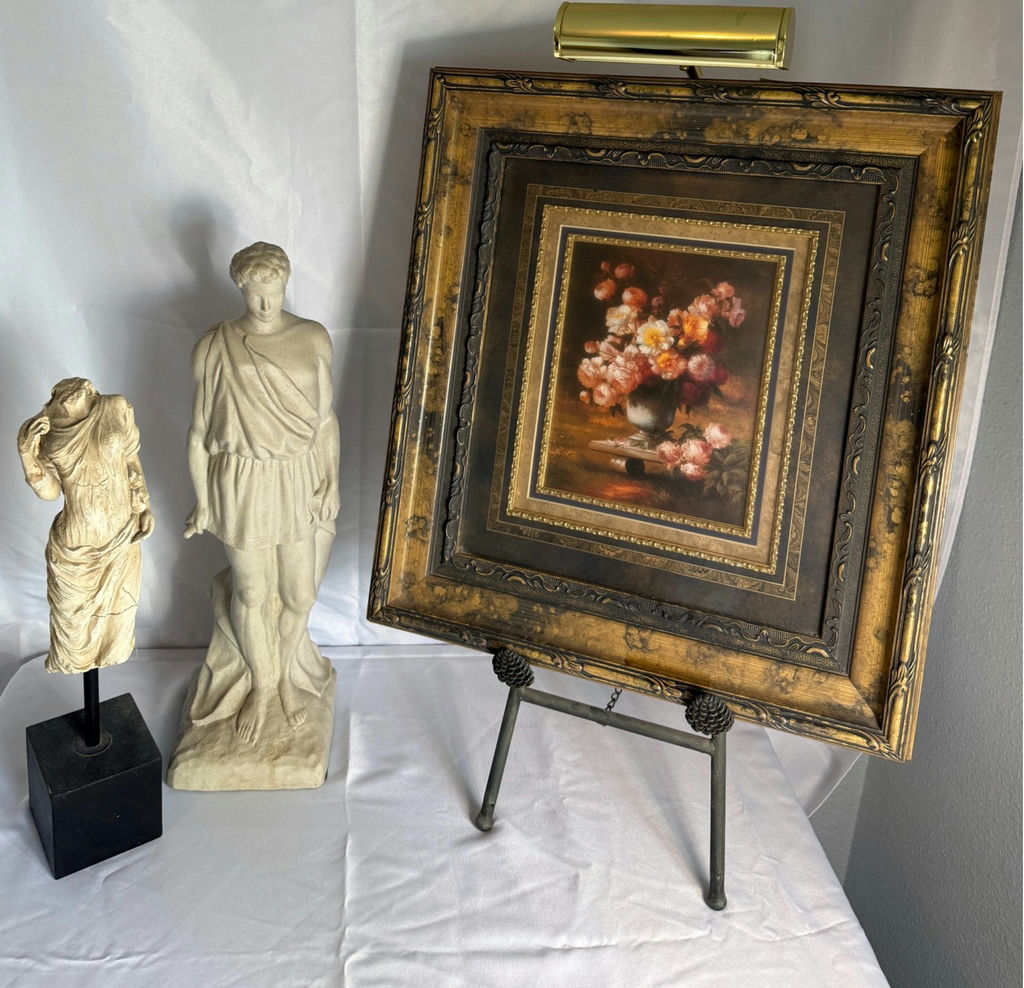 Framed floral still life with classical sculptures - image 1 of 10