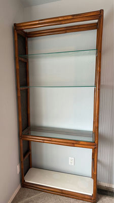 Tall wooden display shelf with glass shelves and woven cane panels - Image 1 of 3