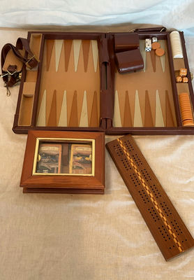 Vintage leather backgammon set with accessories and wooden display box - Image 1 of 4