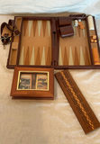 Vintage leather backgammon set with accessories and wooden display box - thumbnail 1 of 4