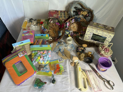 Assorted Craft Supplies and Decorative Baskets with Clocks - Image 1 of 5