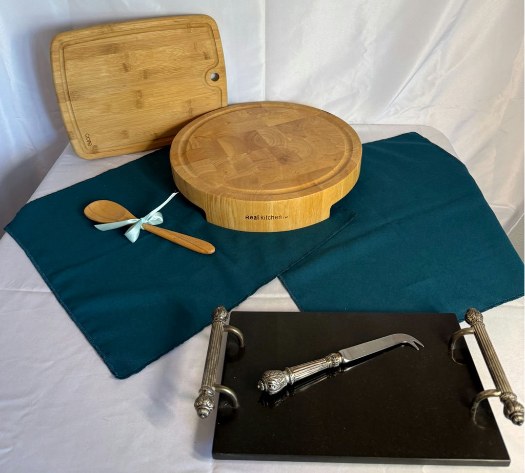 Wooden cutting boards, spoon, and ornate serving tray with cheese knife - image 1 of 3