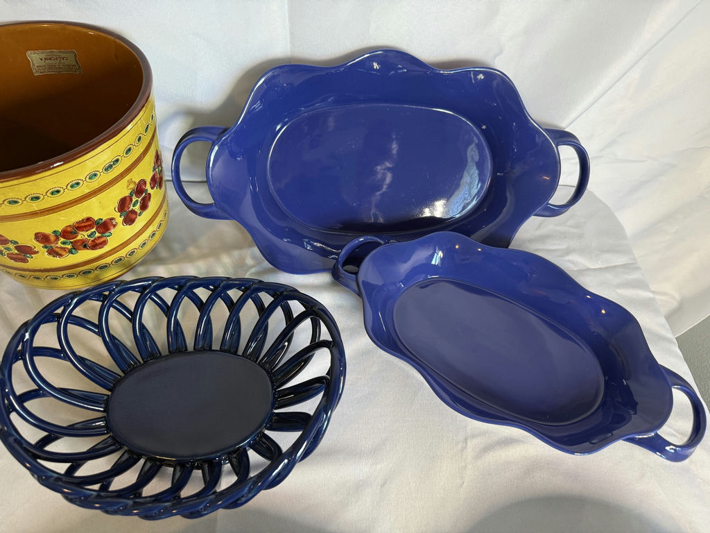 Blue ceramic bakeware set with yellow floral planter and cherry-pattern dishware - image 4 of 7