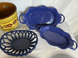 Blue ceramic bakeware set with yellow floral planter and cherry-pattern dishware - thumbnail 4 of 7