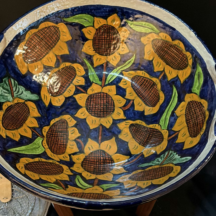 Sunflower-patterned ceramic bowl with matching pitcher on wooden stand - image 5 of 6