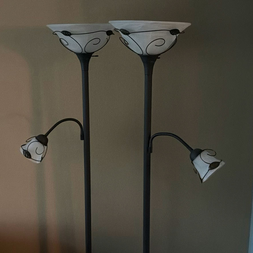 Pair of black floor lamps with dual light heads - image 4 of 6