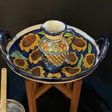 Sunflower-patterned ceramic bowl with matching pitcher on wooden stand - thumbnail 2 of 6