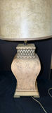 Pair of gold-toned textured table lamps with beige drum shades - thumbnail 3 of 6