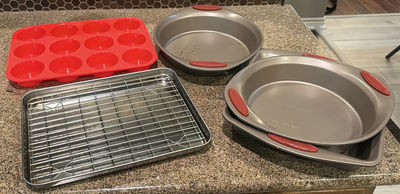 Rachael Ray bakeware set with round pans, muffin tray, and sheet pan with rack - Image 1 of 5