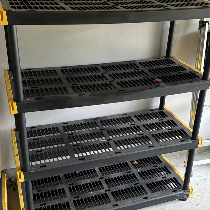 Black multi-tier shelving units with yellow corner brackets - image 2 of 5