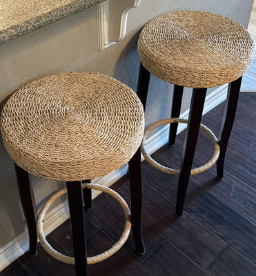 Two woven round-seat bar stools - Image 1 of 5