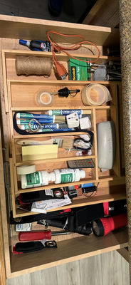 Assorted tools, adhesives, and maintenance supplies in a wooden organizer - Image 1 of 5