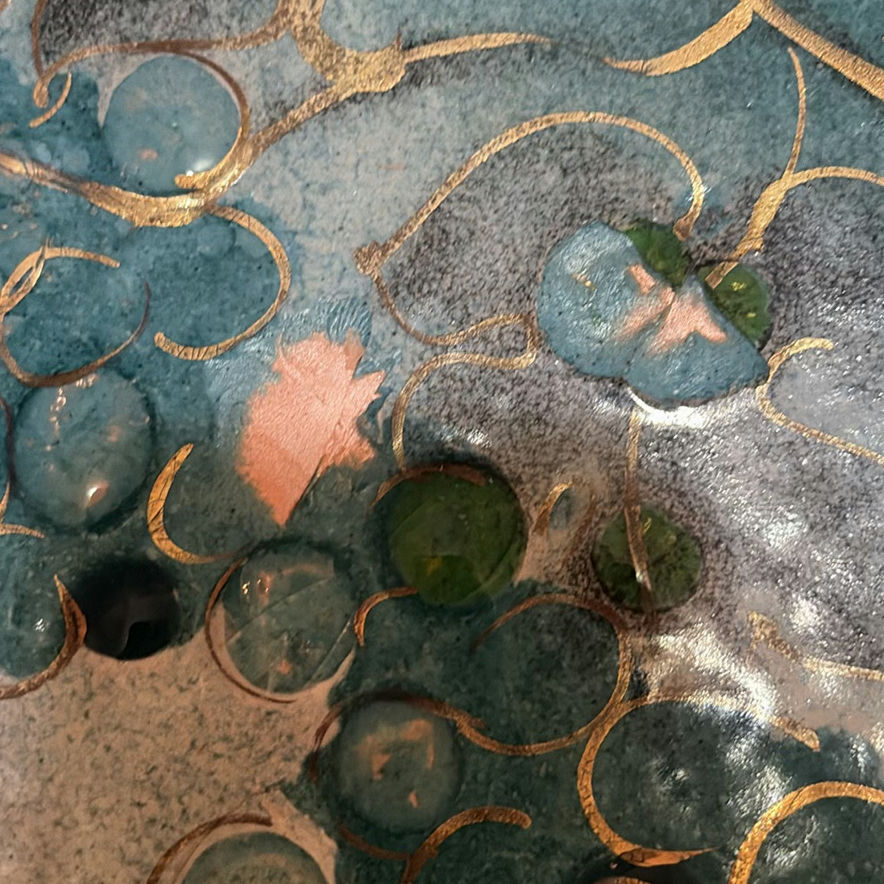 Blue enamel-on-copper decorative plate with gold scroll motif - image 6 of 6