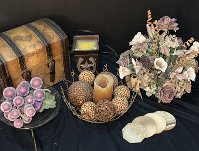 Decorative still life: antique trunk, candles, and dried floral arrangement - Image 1 of 9