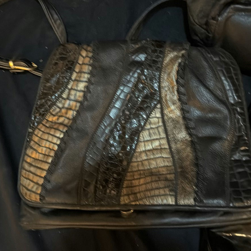 Black leather patchwork handbag and beige sequin square clutch - image 2 of 6