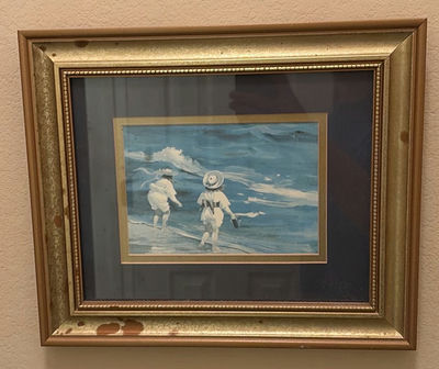 Framed blue-toned print of two children - Image 1 of 5