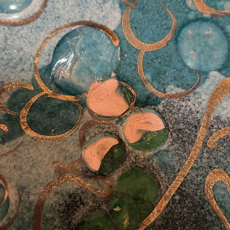 Blue enamel-on-copper decorative plate with gold scroll motif - image 5 of 6