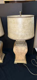 Pair of gold-toned textured table lamps with beige drum shades - thumbnail 4 of 6